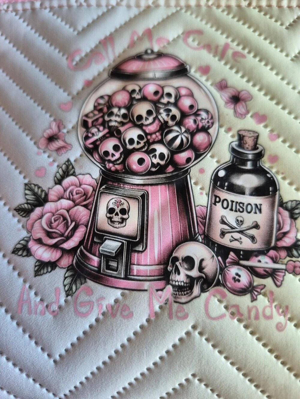 ombre rainbow skull candy & gumballs Cosmetic Pouch, pink zipper, handcrafted